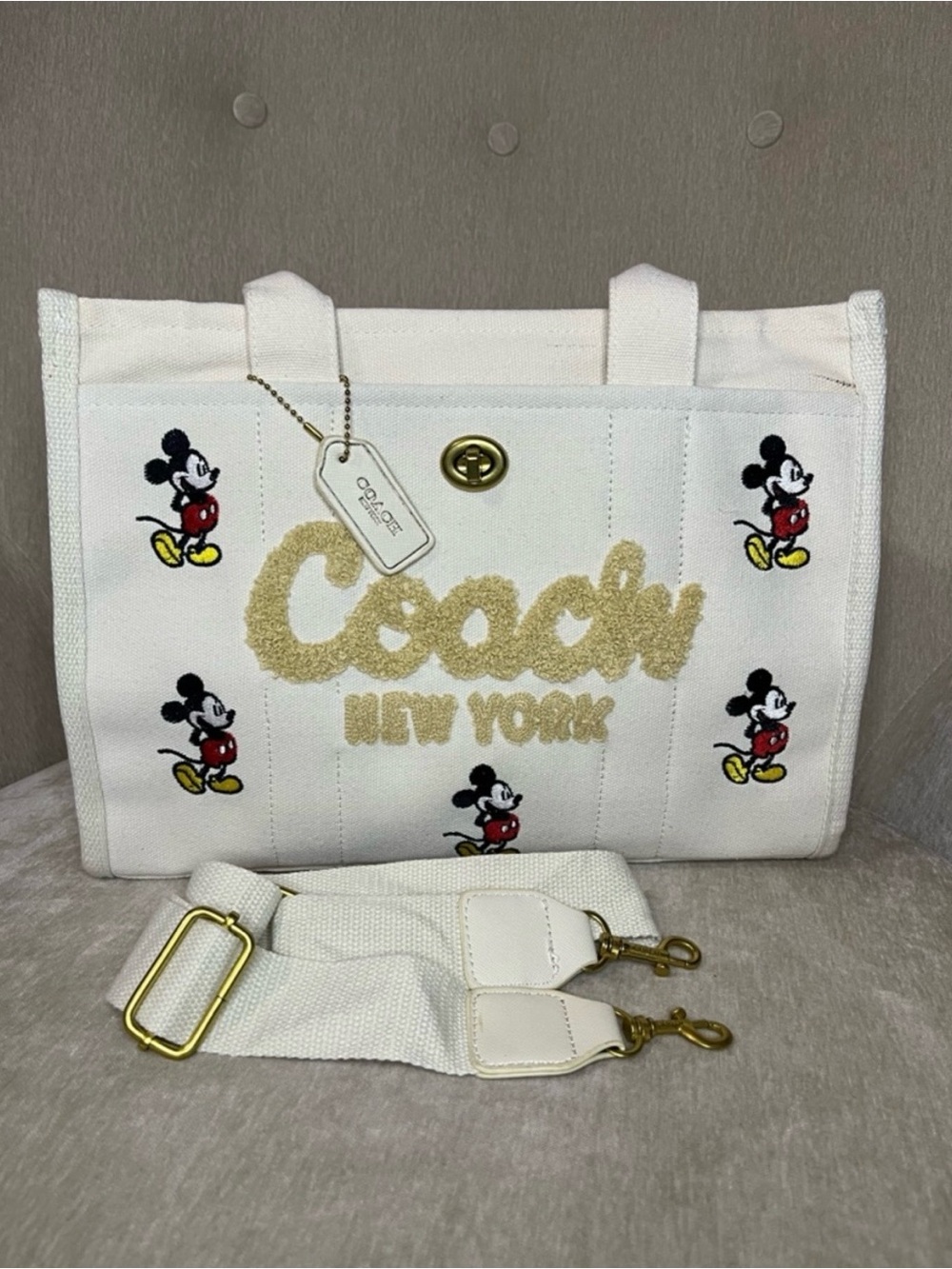 Coach White Canvas Mickey Mouse Tote with Gold Logo